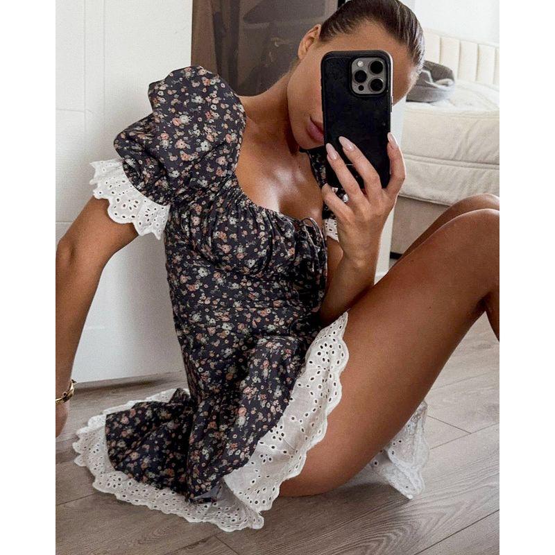 

Square Collar Printed Dress Western Style Fashion Lace Stitching Print Short sleeve Dress Printed L