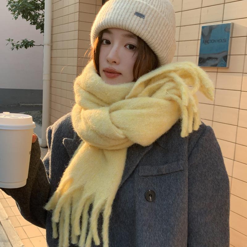 Women's wool-blended knitted solid-color scarf winter thickened warm student scarf men