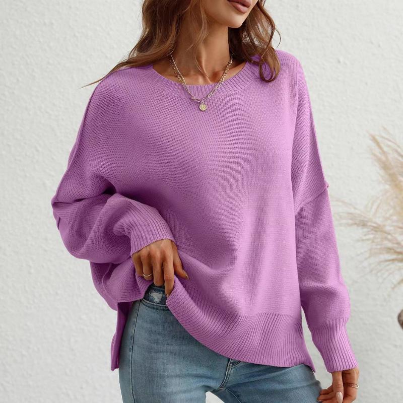IHUASU Autumn and Winter Fashion Women's O-Neck Knit Loose Split Pullover Sweater