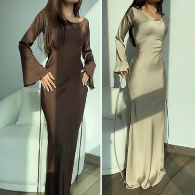 Spring Women Dress Solid Color Round Neck Long Horn Sleeve Satin Floor Length Tight Waist Soft Breathable Evening Dress Prom Party Maxi Dress