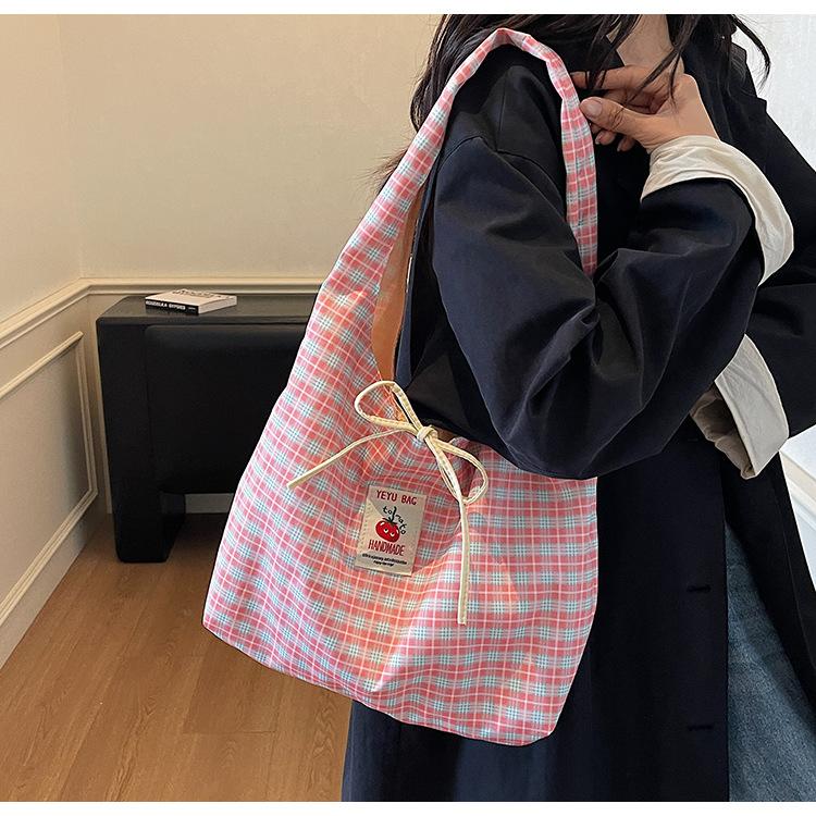 Japanese Style Chic Gingham Checkered Tote Bag Large Capacity Canvas Shoulder Bag for Women