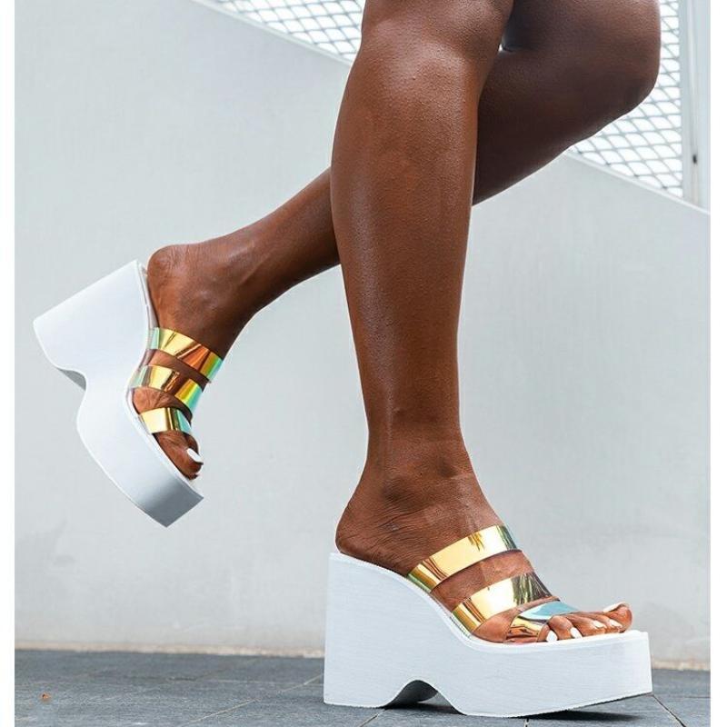 Neue Damen Keilabsatz High Heels Pantoletten Mode Peep Toe Plateau Sommer Pailletten Damen Pantoletten 2024 Lässige Slipper Schuhe Frau