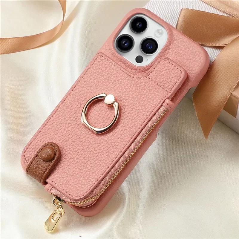 Leather Zipper Wallet with Card Holder Phone Case for IPhone 16E 16 15 14 13 12 11 Pro Max XS XR 7 8 Plus Ring Kickstand Cover