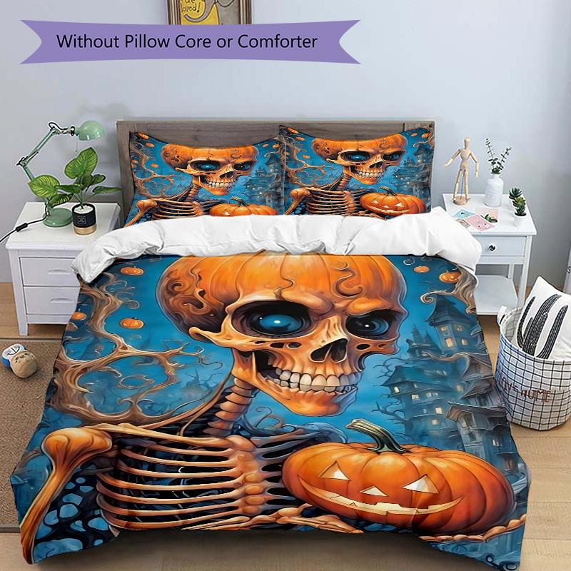 3pcs Halloween Skeleton Duvet Cover Set, Cover For Bedroom Guest Room (1 Duvet Cover + 2 Pillowcase, Without Quilt),  yy250922144