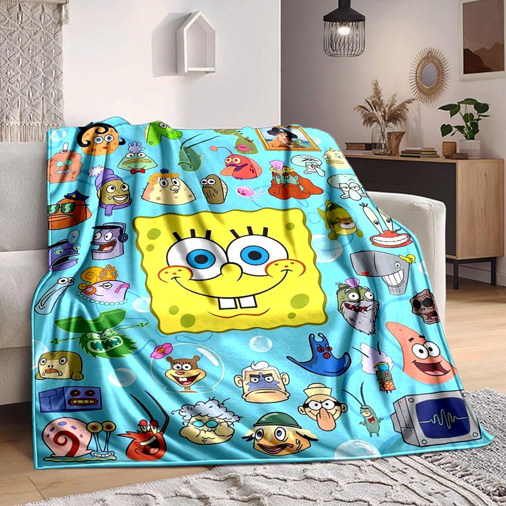 1Pc Spongebob Squarepants Characters Flannel Blanket, Soft And Comfortable, Casual Warm, Camping Travel, Christmas, Halloween Xmas Gift L131