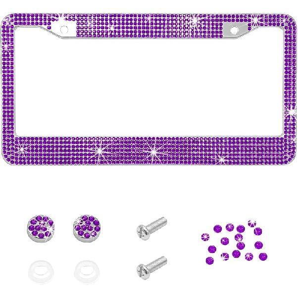 Bling Car License Plate Frame, 2 Holes Stainless Steel Sparkly Auto Tag Cover with Screws Caps, Bedazzled Rhinestone Licence Plate Holder Vehicle