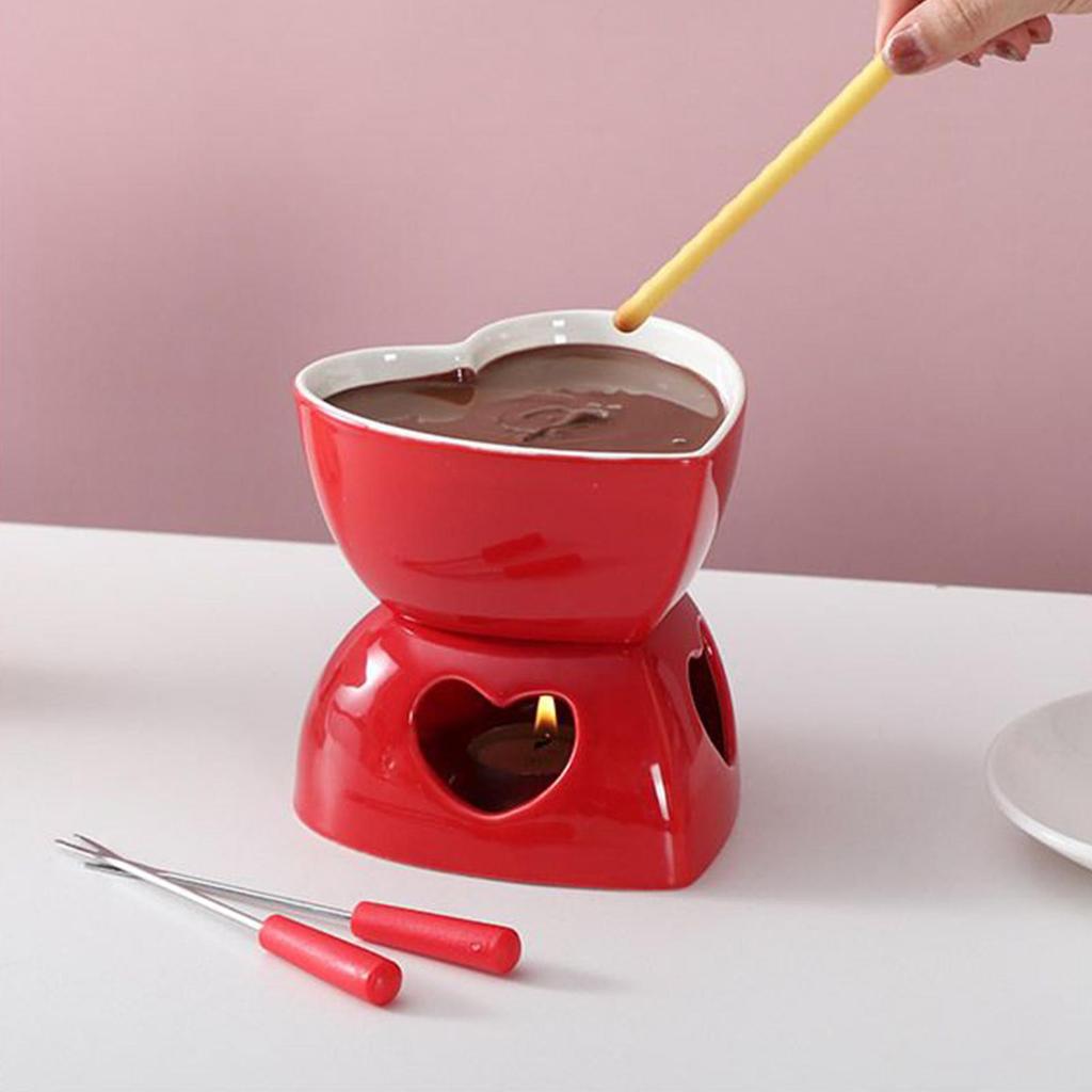 Chocolate Fondue Cup Ceramic Heart-shape With Forks Tealight Chocolate Melting Cup Mini Fondue Pot For Cheese Butter Caramel