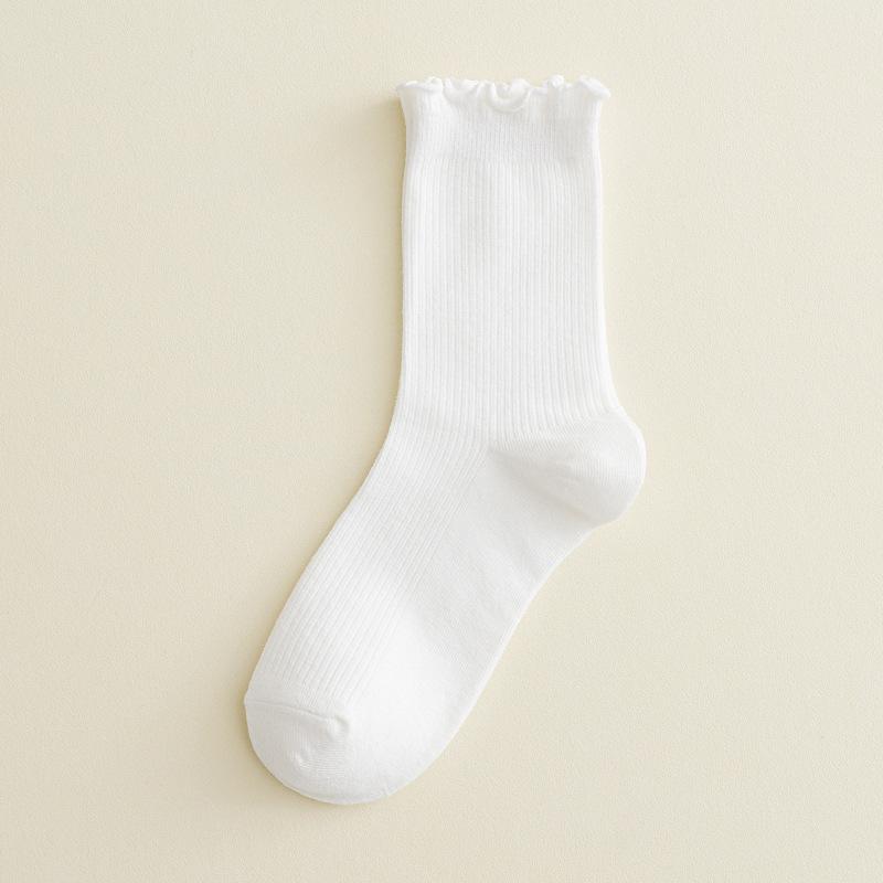 Women's Japanese Style Black Lace-Trimmed Mid-Calf Cotton Socks - Cute Slouchy Autumn/Winter Solid Color Trendy Long Socks.