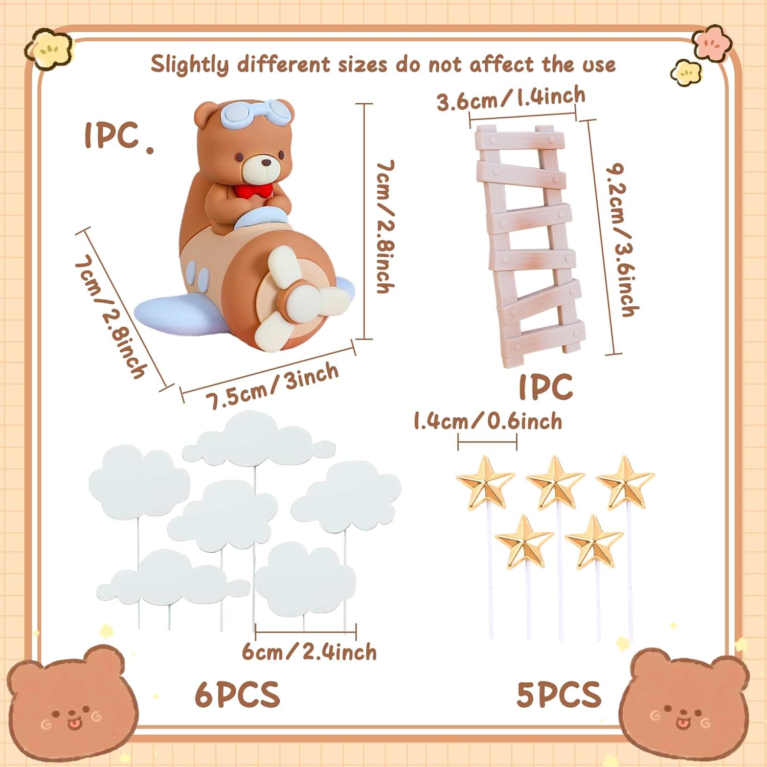 

13Pcs Airplane Bear Cake Topper - Plane Bear Star Cloud ladder Cake Decorations for Time Flies 1st Birthday, Baby Shower