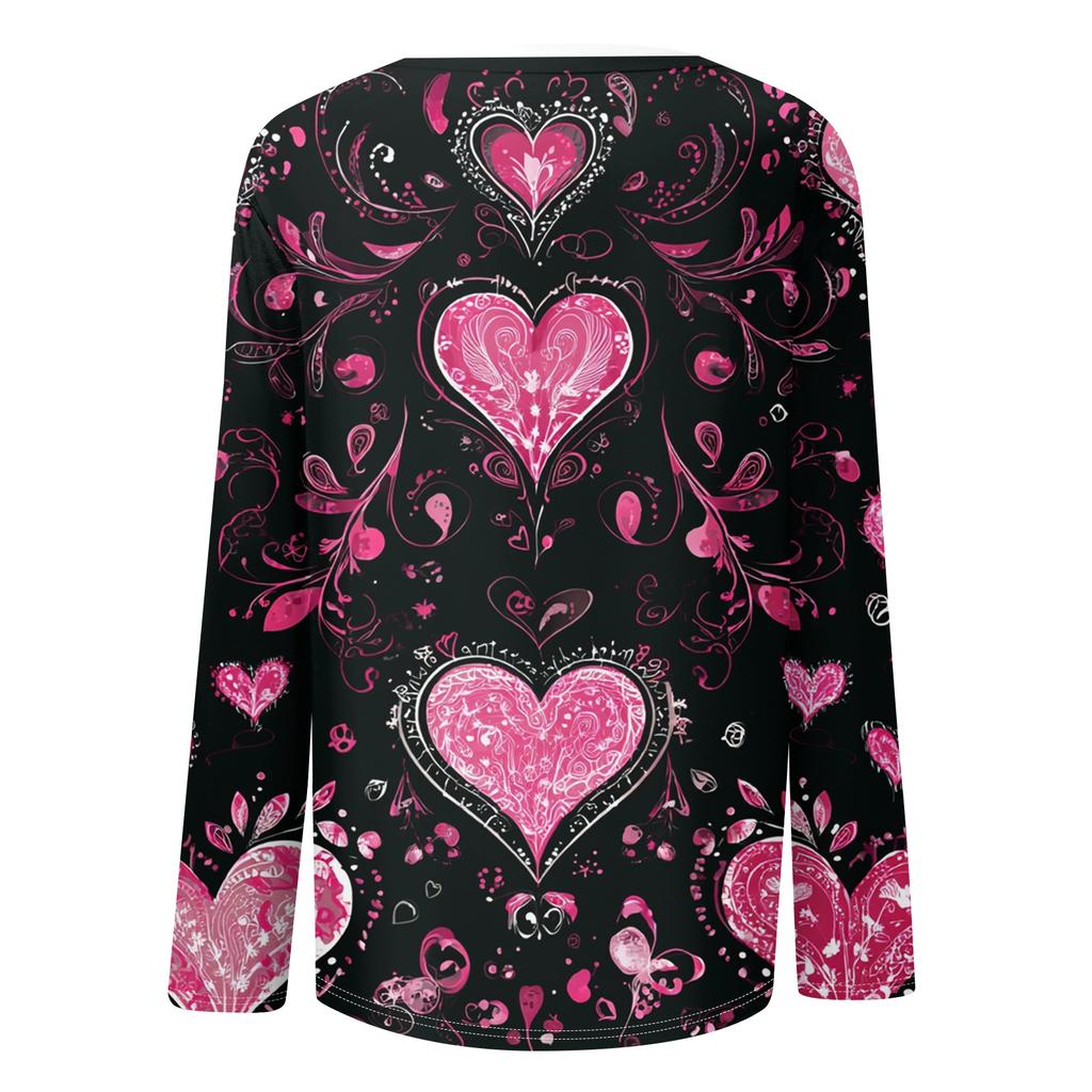Damen Rundhals-Oberteil mit Herz-Print, locker, langärmelig