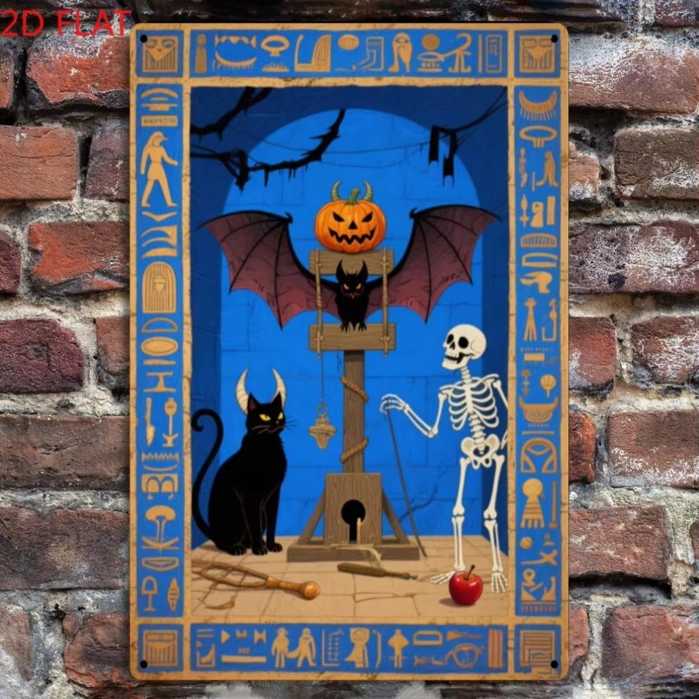 1pc 2D Flat Vintage Halloween Metal Sign  Spooky Iron Art with Skeleton  JackOLantern Perfect for Outdoor  Room Decor 20x30cm