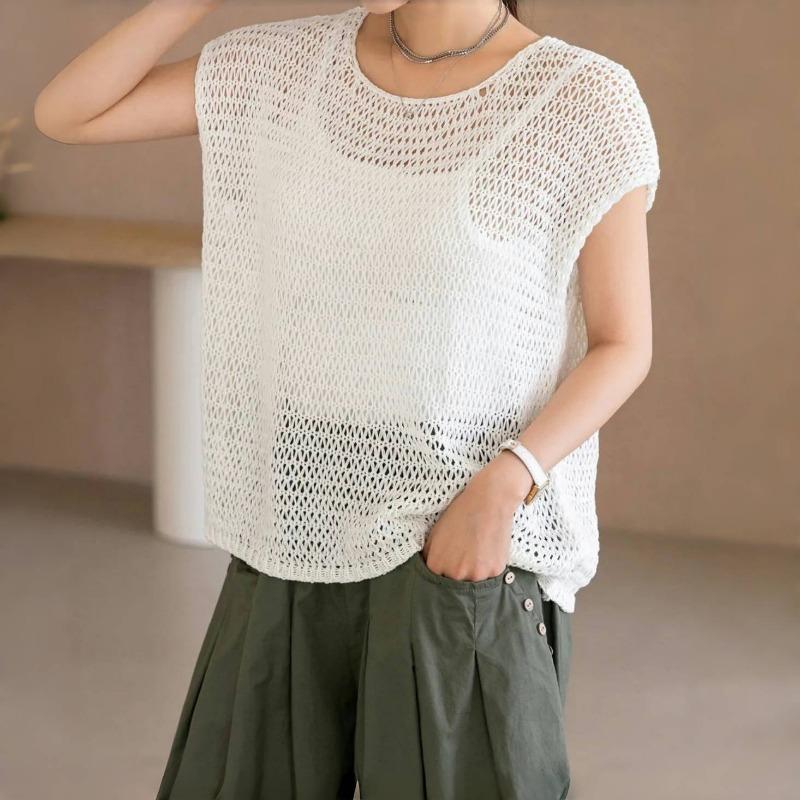 Summer Knitted Short Sleeve Loose Casual T-shirt Women Fashion Thin Minimalist Hollow Out Round Neck Tshirts Woman Elegant Slim Fit Tee Shirt 26323