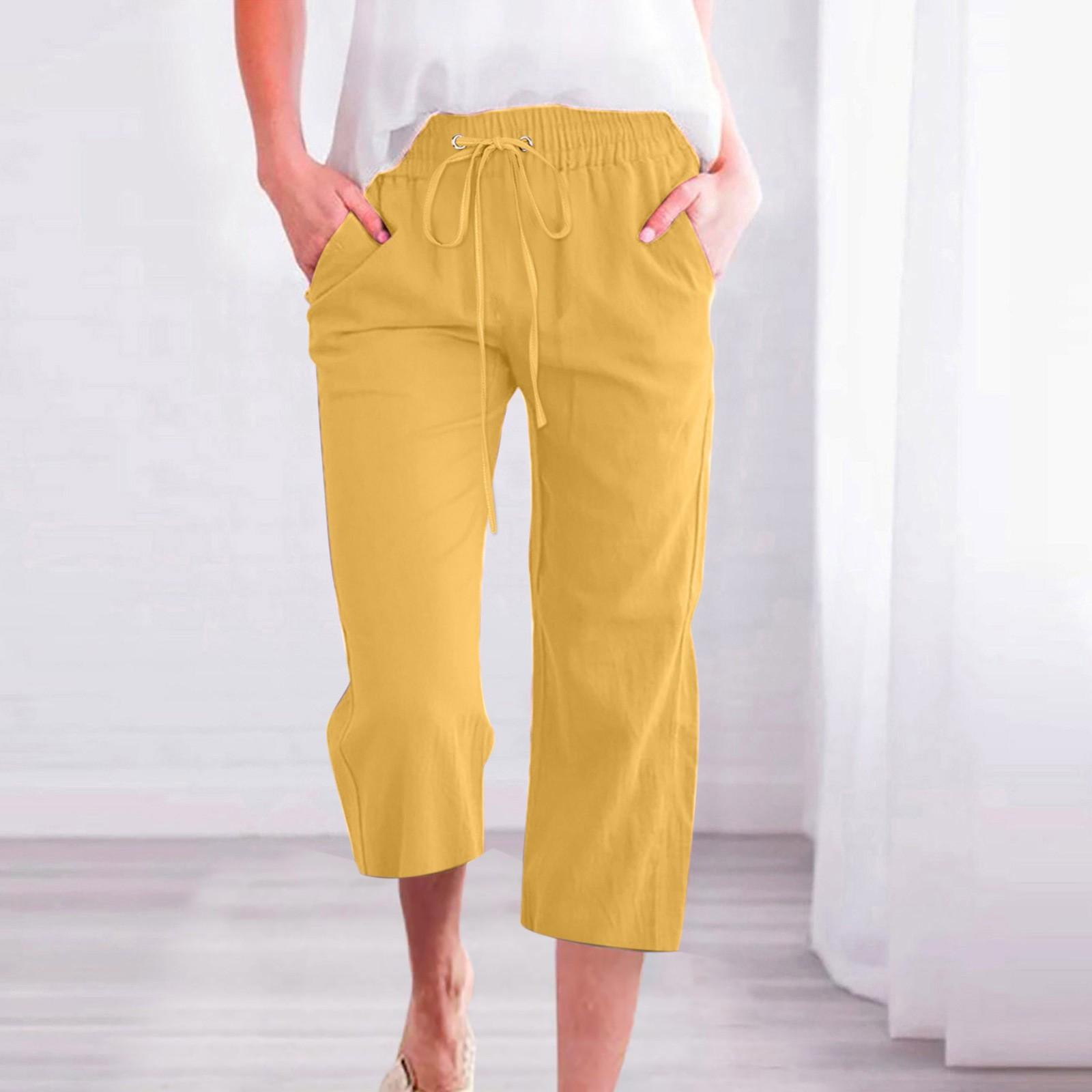 

Fashion Women Fashion Casual Color Drawstring Pocket Calf-Length Pants M жовтий