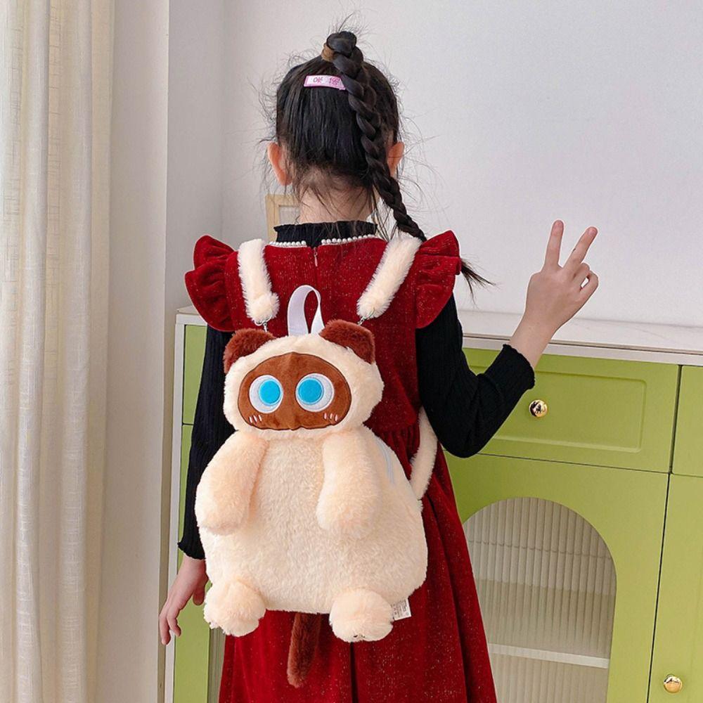Large Capacity Cartoon Backpack Big Eyes Cat Funny Plush Toy Bag Plush Cat Shoulder Bag  Girl