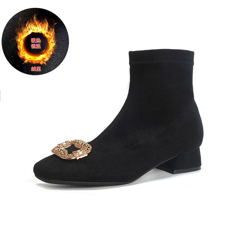 Suede rhinestone square buckle high-heeled elastic boots Korean version thin boots thick heel square head short boots women's autumn and winter sing