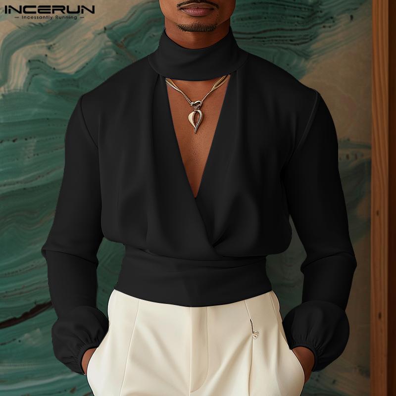 INCERUN Men V Neck Long Sleeve Loose Bandage Wrap Tops Casual Shirts