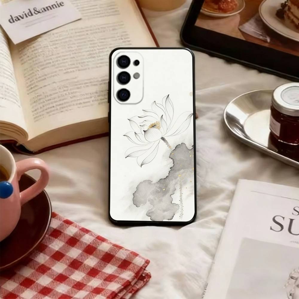 Chinese Ink Lotus Phone Case For Samsung S25,S24,S21,S22,S23,S30,Ultra,S20,Plus,Fe,Lite,Note,10,Black Cover