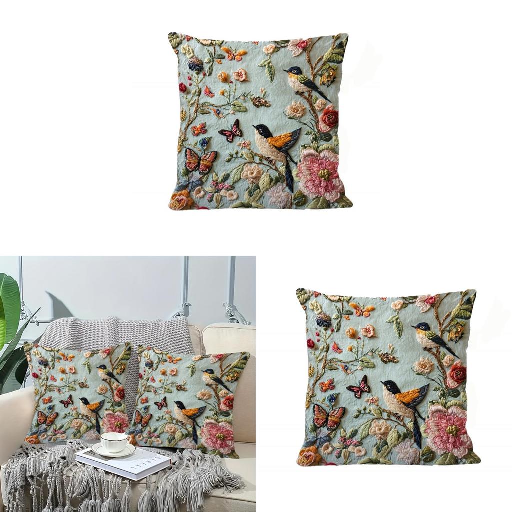 Funda de Cojín de Terciopelo Bordada con Pájaro y Mariposa Floral Para Decoración de Sala de Estar