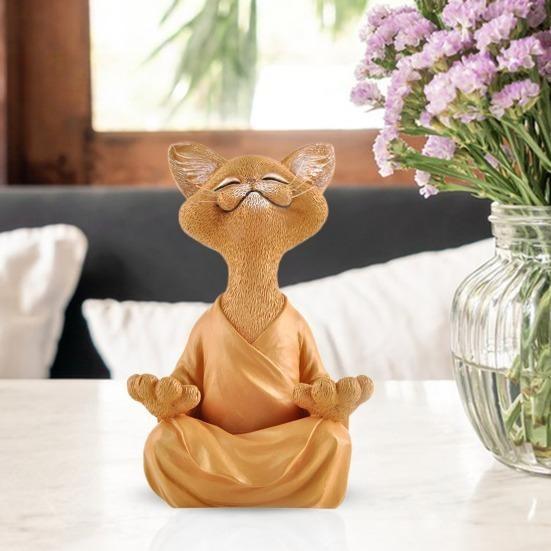 Resin Zen Cat Figurine In Meditation Pose for Home and Office Decor