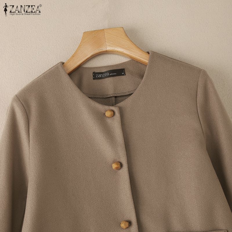 ZANZEA Women Casual Round Neck Long Sleeve Thin Woolen Jackets