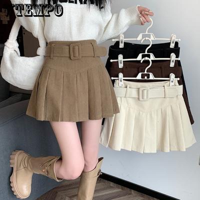 Women's Design Sense Niche with Belt A Line Pleated Half Skirt Fashion Pure Desire Wind High Waist Skinny Solid Short Skirt