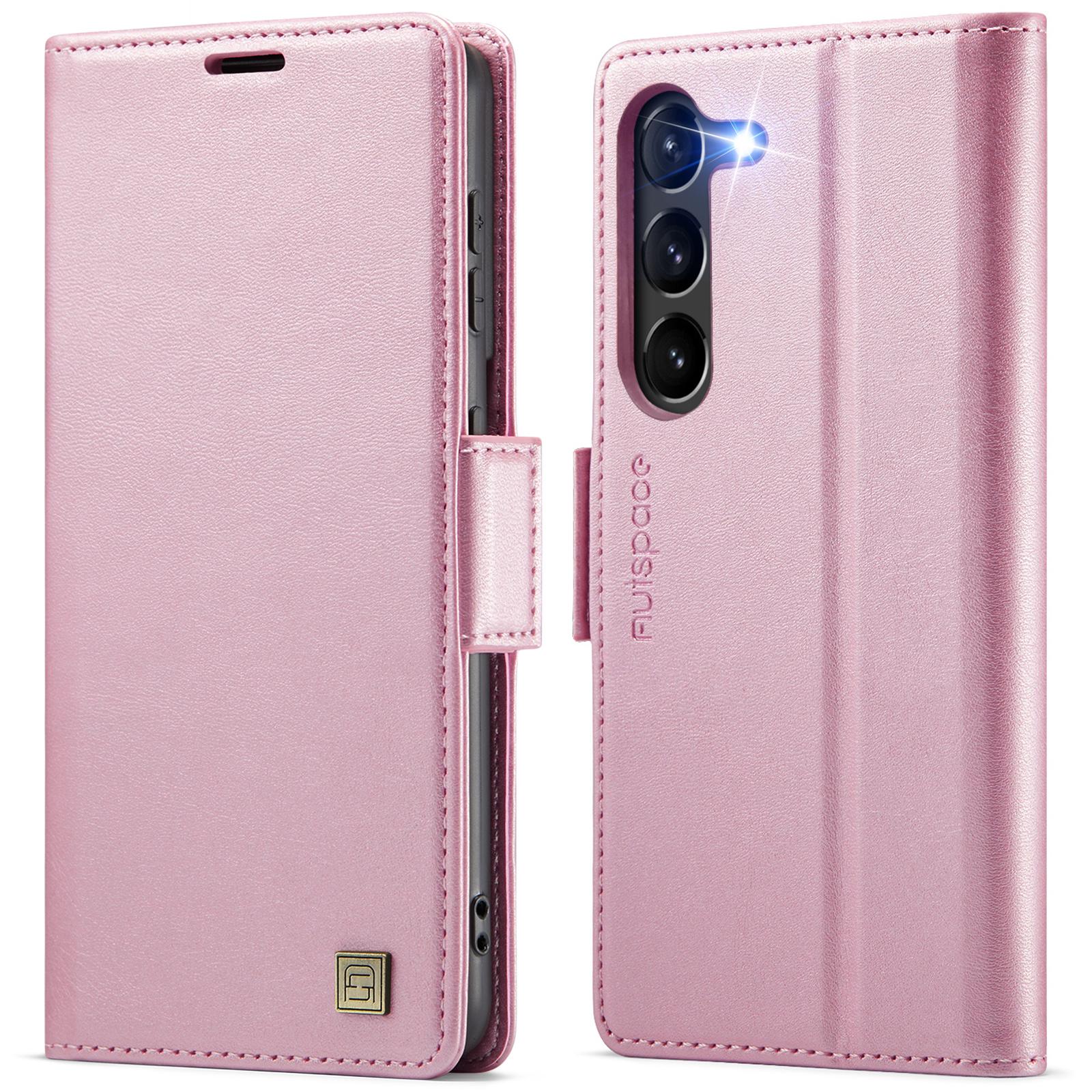 

For Samsung Galaxy S23+ Case AUTSPACE A11 RFID Blocking Retro Leather Cell Phone Wallet Cover Pink
