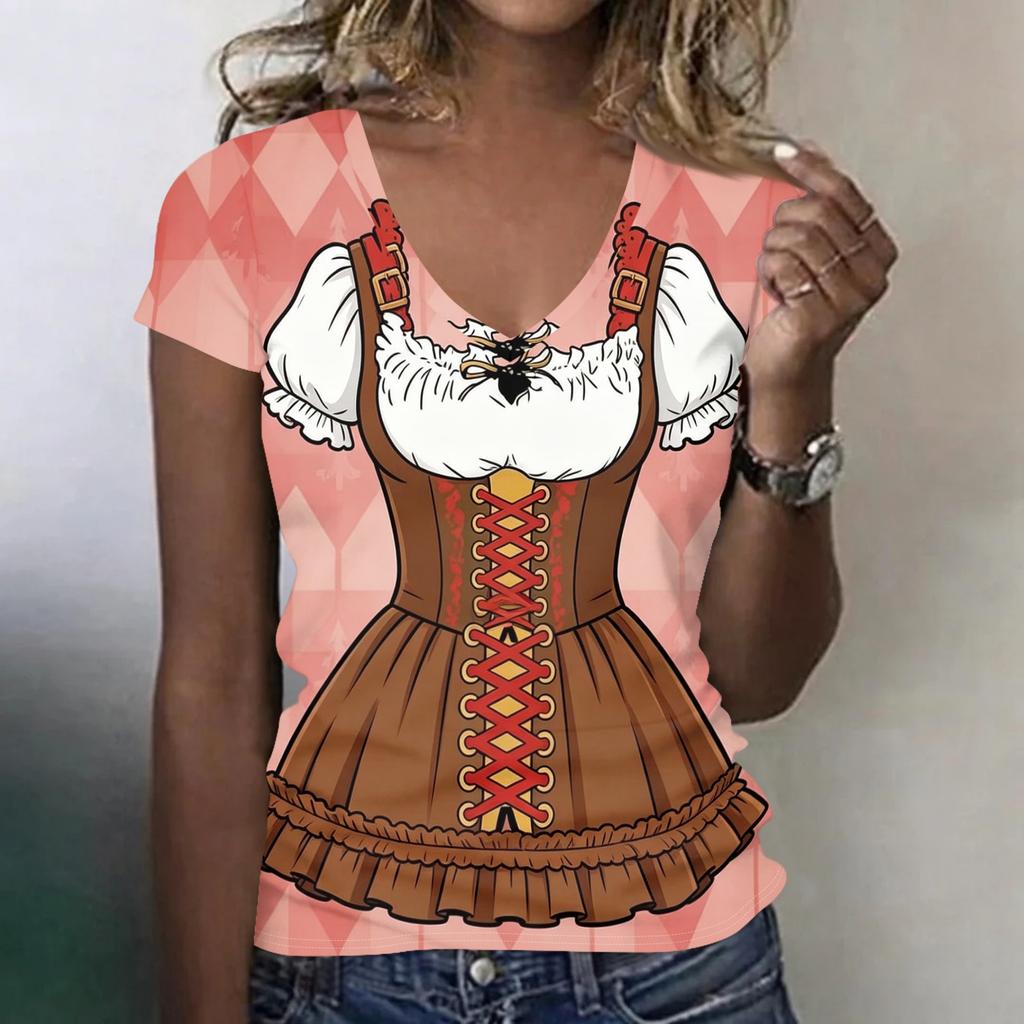 Dámské ležérní tričko s V výstřihem, krátkým rukávem, potiskem Oktoberfest, top, lehké, pohodlný střih, měkká látka