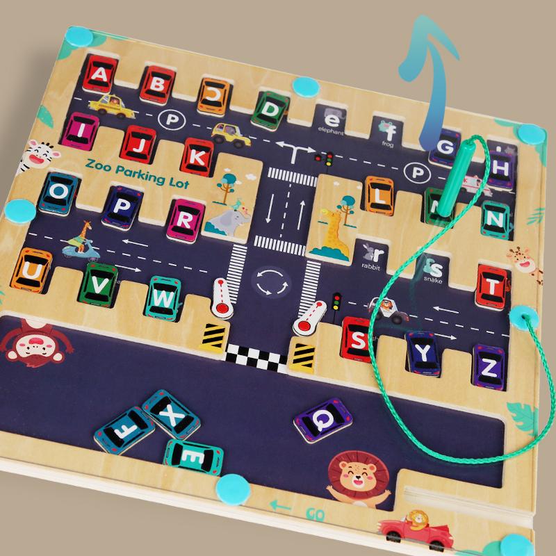 Children Magnetic English Letters Find Car Parking  Maze Learning Education Toys Color Matching Montessori Toys Wooden Toys