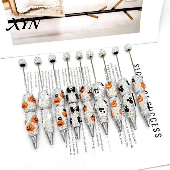Rhinestone Writing Pen Beadable Pen, Glitter Plastic Beaded Halloween Pumpkin Ghost Skull DIY Set Gel Ink for Craft Making, School Office Supplies
