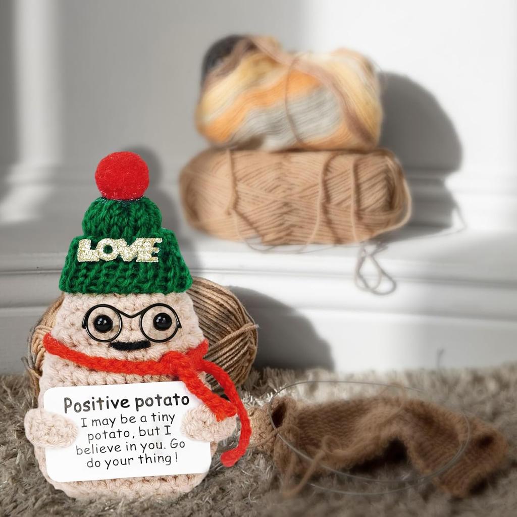Funny Crochet Positive Emotional Xmas Potatoes Dolls With Card Cute Handmade Wool Knitted Potato Ornament Home Christmas Decor