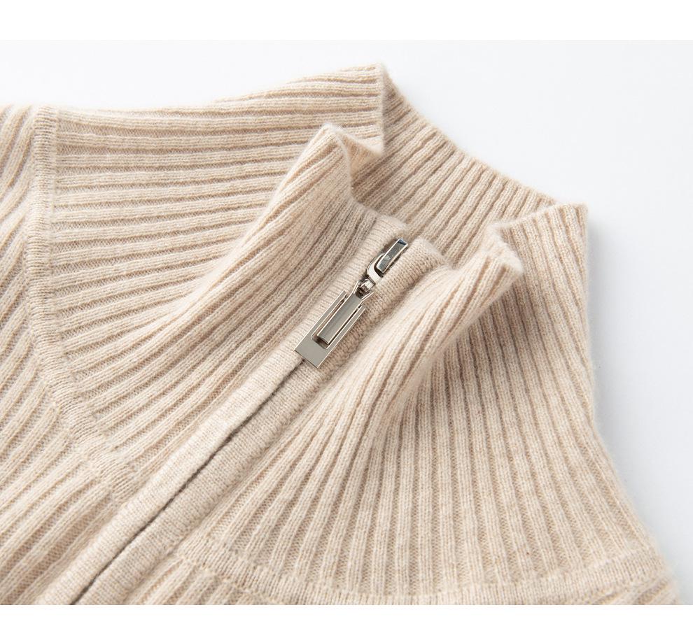 Women's Autumn/Winter 2026 Half-Zip Cashmere Sweater - Lapel Vertical Stripe, Gentle Style Loose Slimming Knitwear