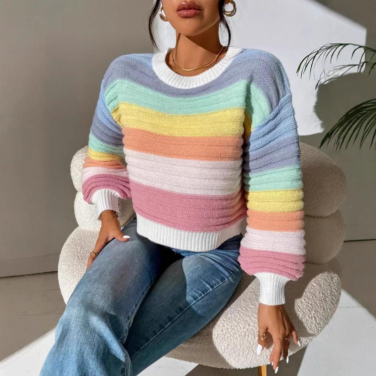 

Осень Зима Радужные Полоски Вязаные Свитера Рукав Фонарик Свободный Джемпер Кроп-топы Женский Свитер Пуловер Женские Повседневные Рубашки XL