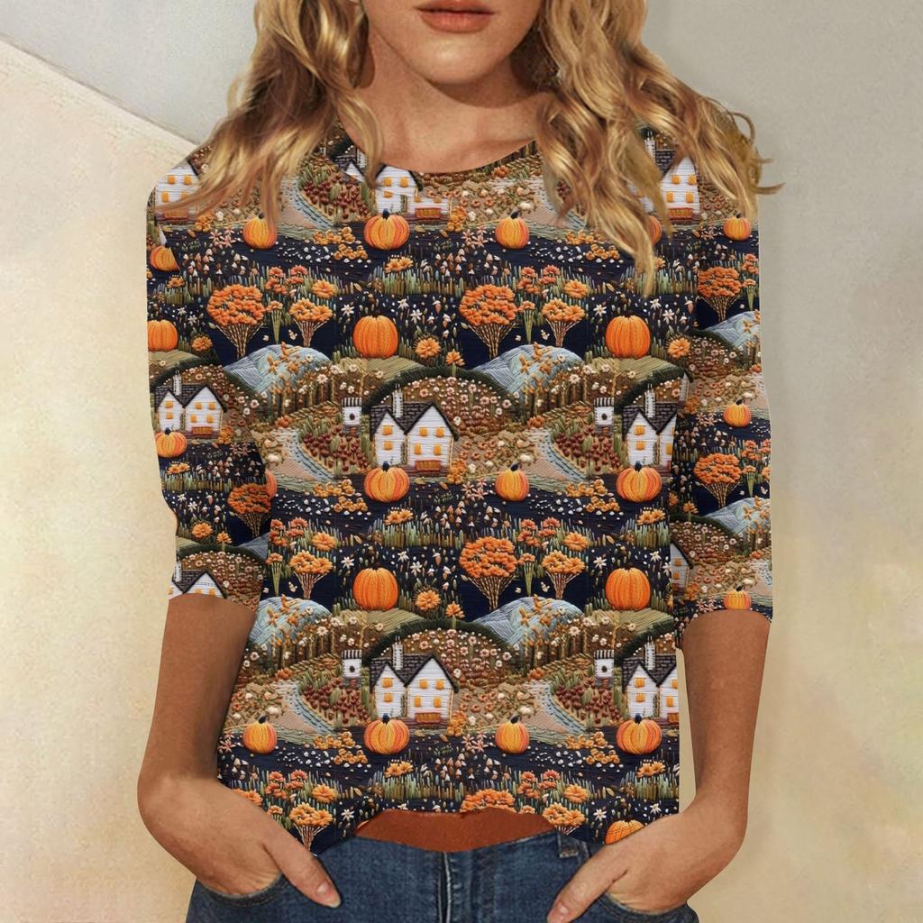 Damenmode Lässig Dreiviertelärmel Halloween-Print Rundhals-Top