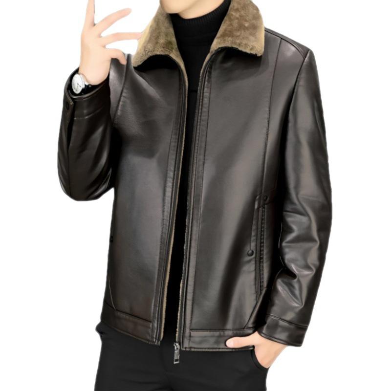 Leather Jacket for Men's Autumn and Winter, Leather Jacket for Short Winter Cotton Jacket, Plush and Thickened for Father's Winter Clothing