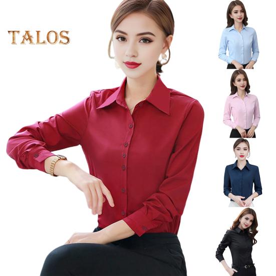 Women Shirt Lapel Long Sleeve Single Breasted Shirt Tops Solid Color Slim Fit Office Lady Shirt Work Wear