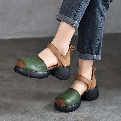 Retro Mixed Colors Thick Soled Sandals Genuine Leather Thick Heeled Women's Roman Shoes