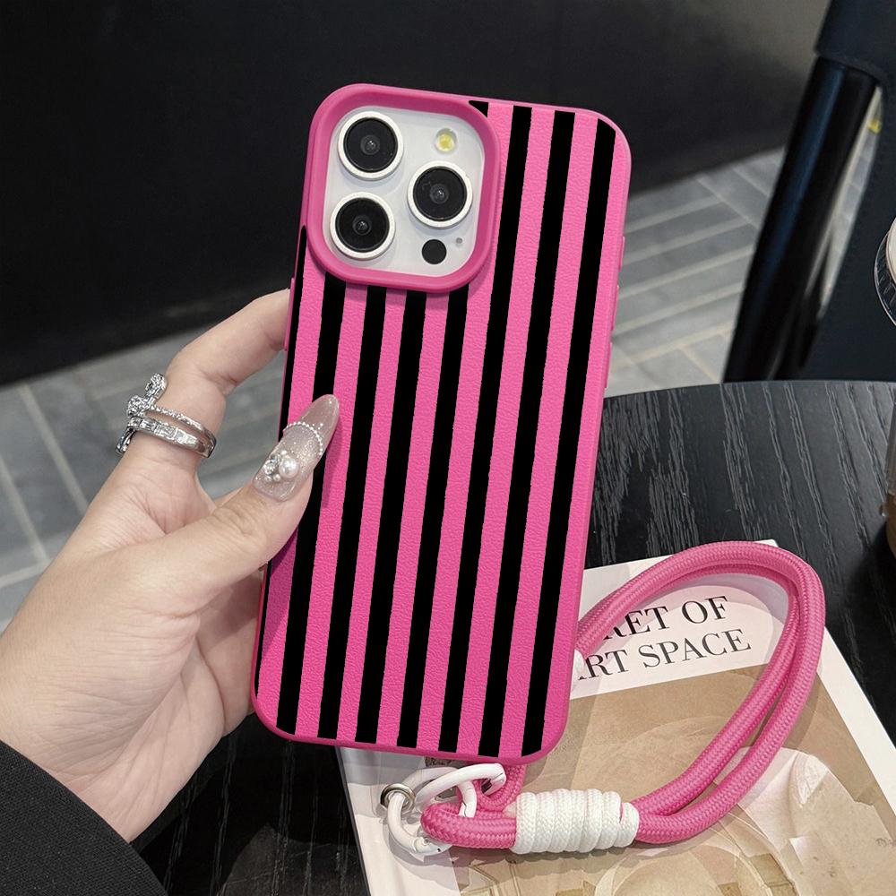 Striped Couple Hand Wrist Strap Case For iPhone 11 12 13 Pro Max Cases iPhone 16 17 14 15 Plus Minimalist INS With Lanyard Cover
