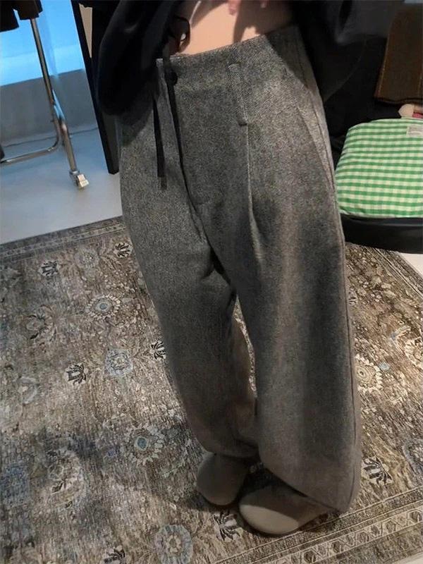Women's 2025 Winter Gray Wool Wide-Leg High-Waist Relaxed Pants Plus Size