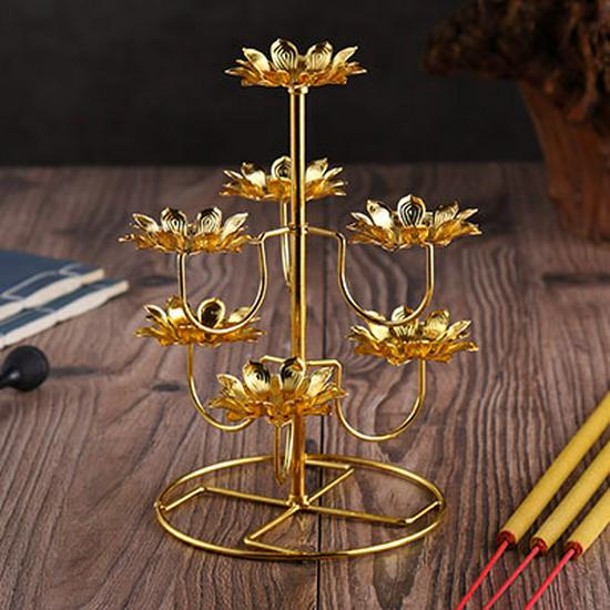 Buddhist Ghee Lamp Holder - Seven Stars Oil Lamp with Lotus Design for Temple Offerings and Everlasting Candle Display.