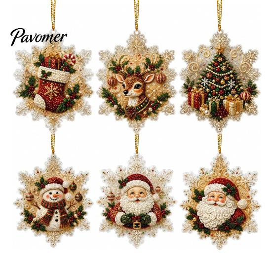 Acrylic Santa Hanging Ornaments 6 Pcs Christmas Pearl Art Ornaments, 2D Flat Holiday Tree Pendant, Effect Decoration for Home Wall Door Window