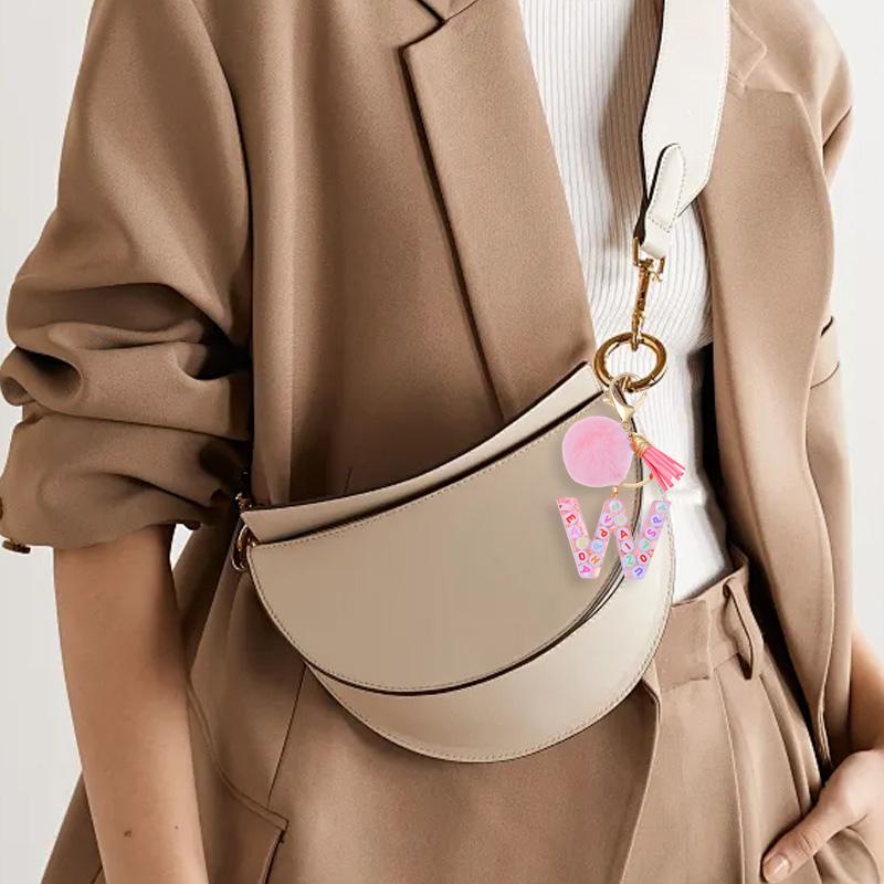 1PC Keyring Key Accessory Letter Filled Colourful Initial Pendant With Fluffy Keychain Glitter Tassel Charms For  Bags Backpacks
