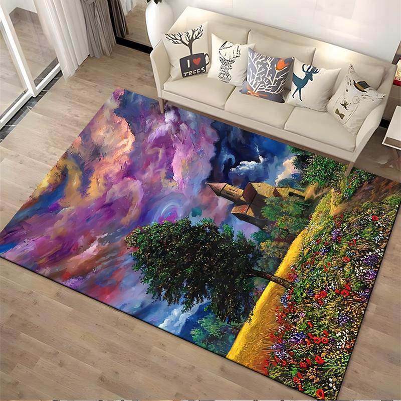 Colorful Landscape Carpet with Church, Tree, Flowers, and Vibrant Sky. Suitable for use as an anti-slip for living room bedroom sofas