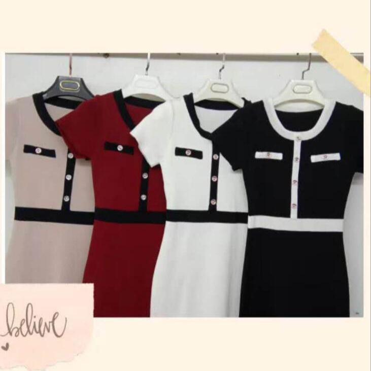 Korean Style Women's Round Neck Short Sleeve Knit Dress with Nail Button Color Blocking, Summer 2026 Bodycon Dress 6093.