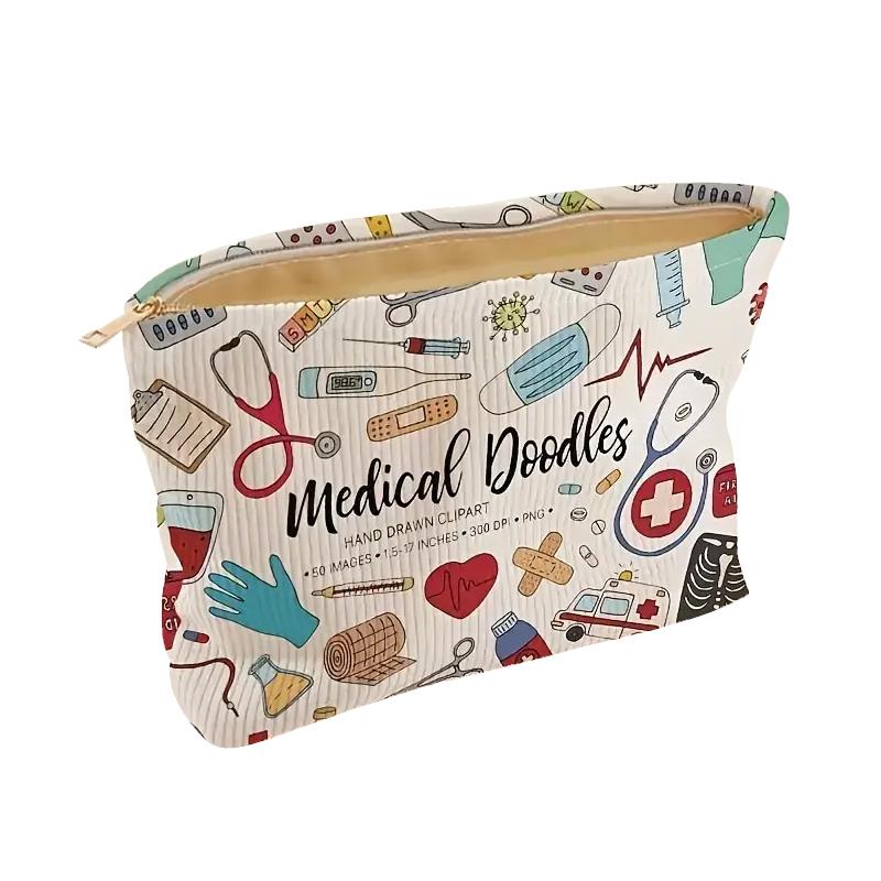 

Medical Graffiti Printed Corduroy Makeup Bag, Lightweight Zipper Makeup Storage Box, Multi functional Bag with Lining