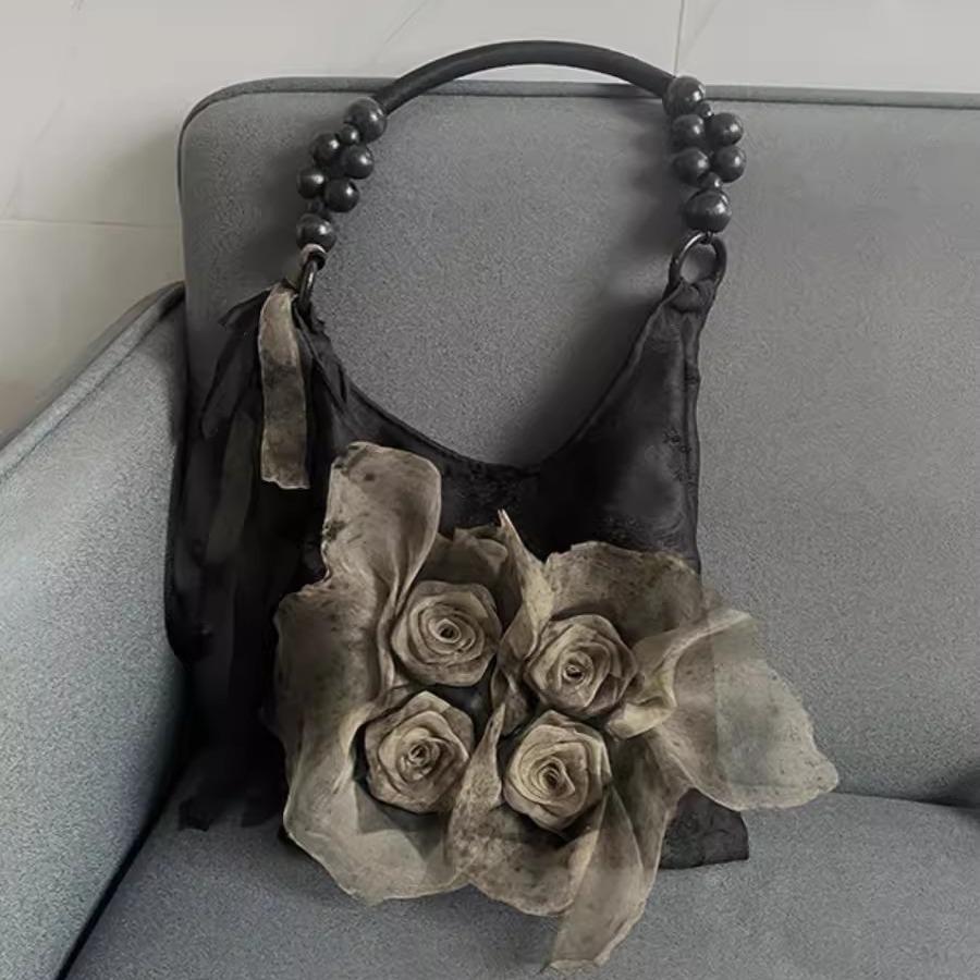 Chinese Style, Wood and Grass Dyeing, Rose Blossom Bag, Pleated Design, Underarm Commuting Bag, Large Capacity, Tote Bag, Single Shoulder Handbag