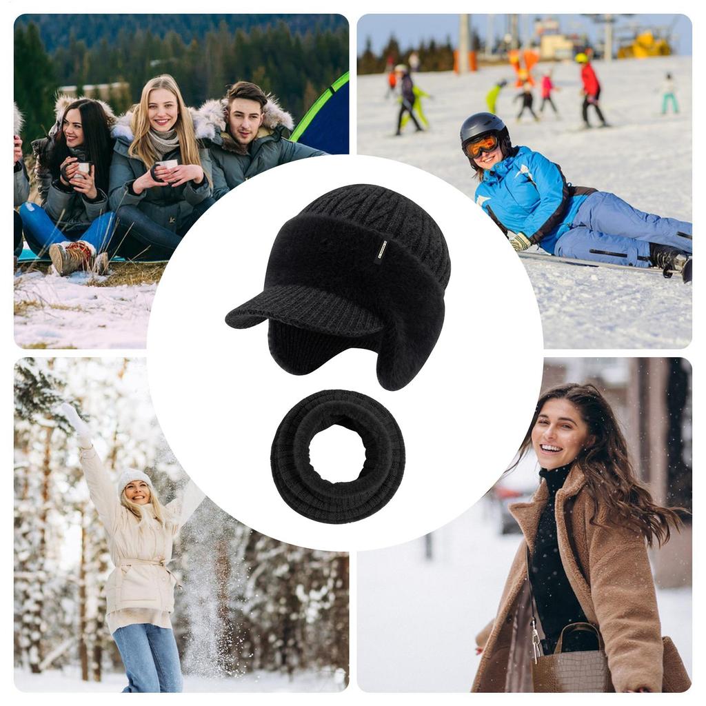 Knit Hats For Women Warm Stretchy Beanie With Brim Earflap Scarf For Winter Thickened Knitted Hat For Daily Commuting Skiing