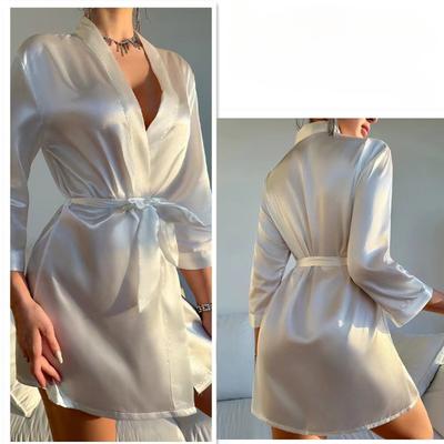 Solid Satin Night Robe Long Sleeve V Neck Robe With Belt Women's Sleepwear
