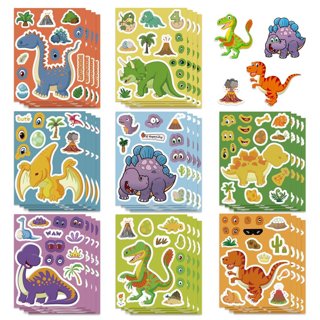 8PCS Dinosaur Make a Face Sticker, Cute DIY Puzzle Face Swap Decals for Diary Notebook Phone Fridge, Cartoon Animal Stickers
