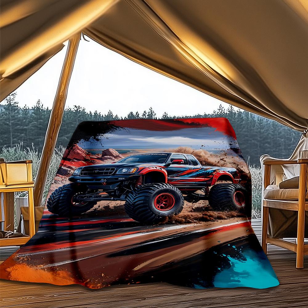 1pc Monster Truck Adventure Outdoor Flannel Blanket Soft All Season Polyester Throw , Perfect for Picnics & Travel , Picnic Accessory