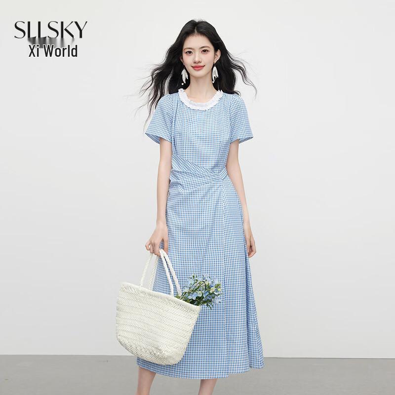 Women s Elegant Blue Plaid Short Sleeve Summer Dress M